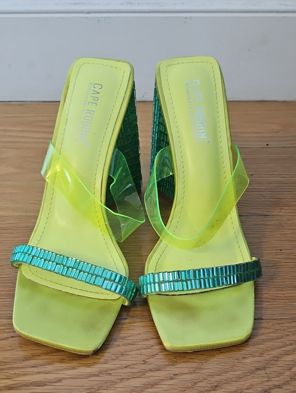 Cape Robbin Neon Lime Green Beaded Slide Heels
